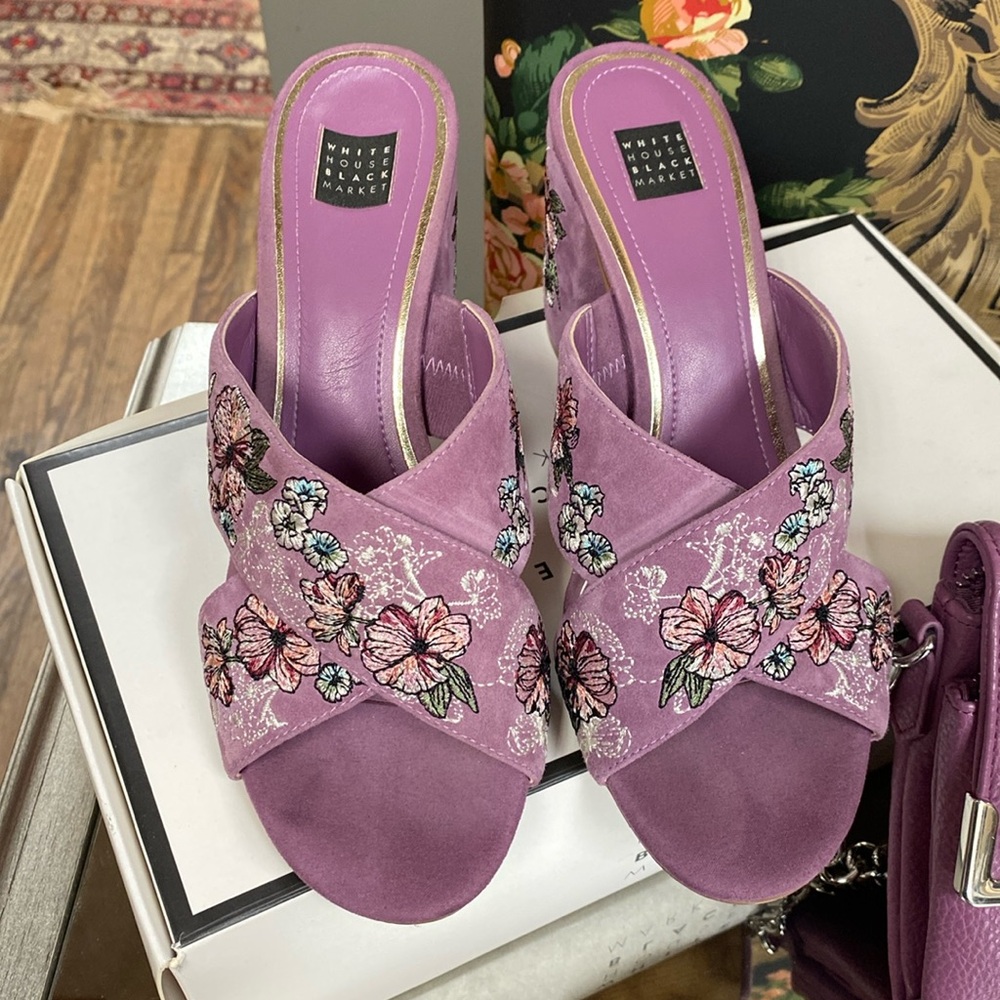 White House, black market, lavender wedge sandals embroidered flower details